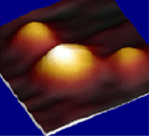 AFM image showing a P2X2 receptor (large central particle) decorated by two anti-receptor antibodies (smaller particles). The angle between the two antibodies (120°) indicates that the receptor is composed of three subunits. The image is 30 nm square.